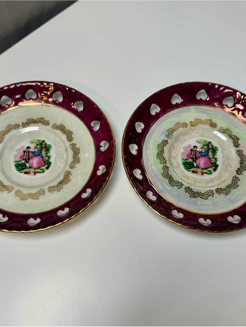 Vintage Style Dessert Plates in Deep Plum with Gold Trim, Reticulated Heart Rim